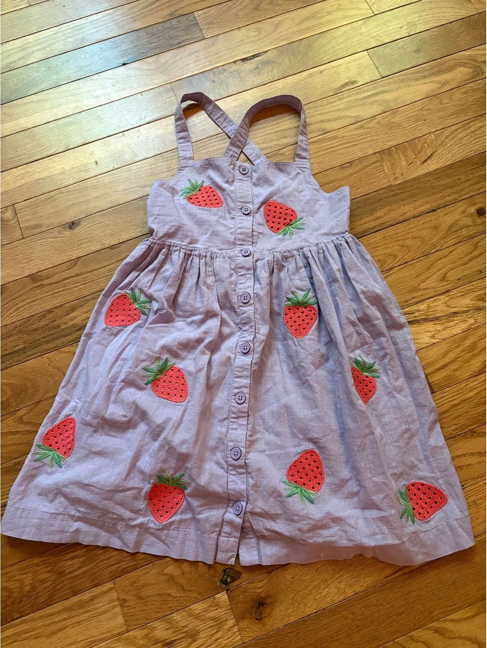 Mini Boden Girls' Lavender Cotton Sundress with Strawberry Embroidery, Size 6-7Y